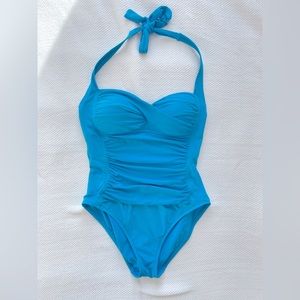 La Blanca Island Goddess Aquamarine Halter Ruched Front Twist One-Piece Swim